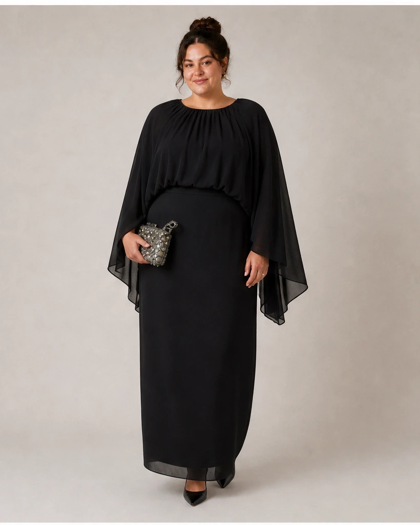 AI preview of the black chiffon cape dinner dress