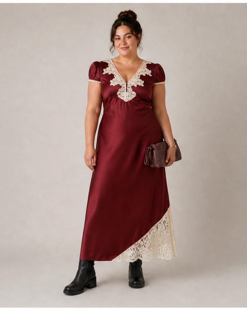 AI preview of the burgundy satin dinner dress