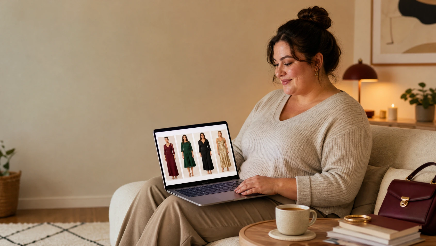 A plus-size woman browsing dinner outfit ideas at home