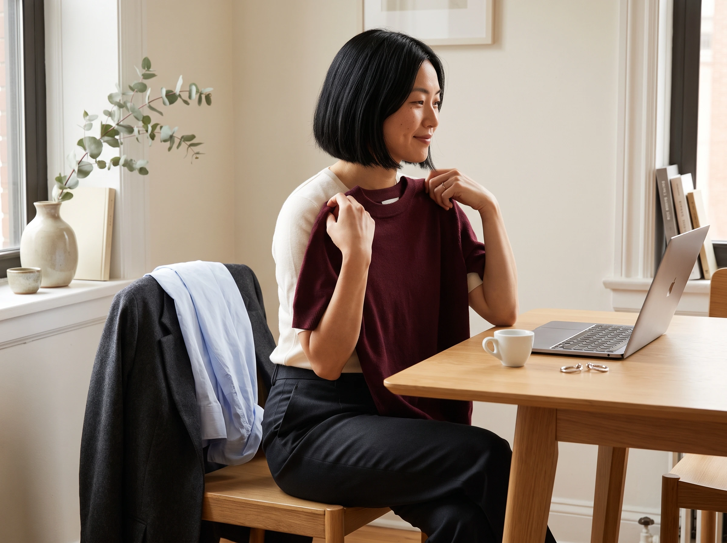Vivi holding a burgundy top beside her laptop, with more clothes draped over a chair.
